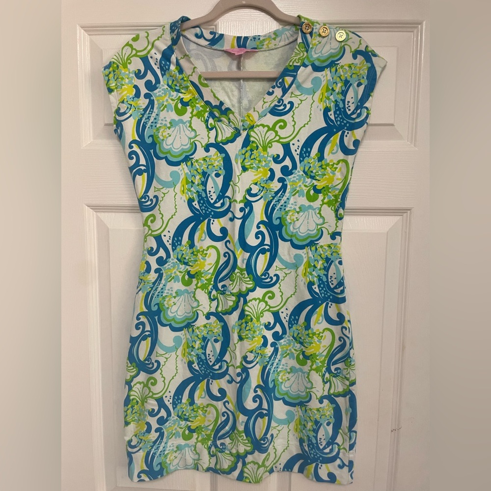 Lilly Pulitzer Blue and Green Patterned Midi cotton shift dress xs